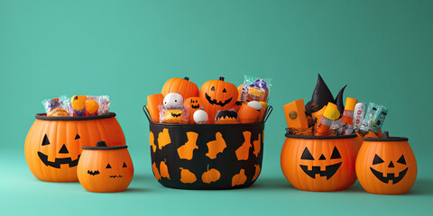 Trick-or-Treat Baskets: Orange and Black Pumpkin-Print Baskets Filled with Halloween Goodies.