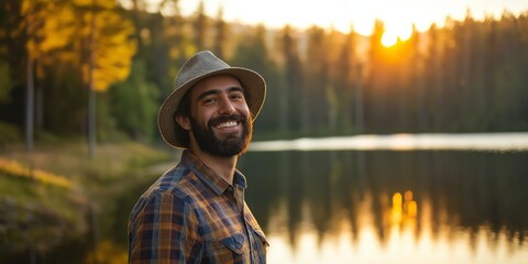 Wall Mural - A man with a beard and a hat is smiling at the camera. He is standing by a lake with a beautiful sunset in the background