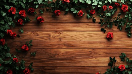 Sticker - Red roses with green leaves on a wooden background.