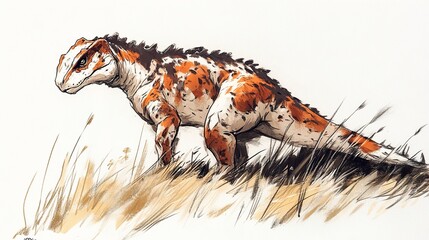 Poster - Prehistoric Dinosaur Illustration -  Extinct Reptile in Grassland