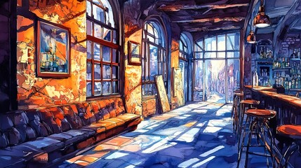 Wall Mural - Vintage Bar Interior with Sunlight Streaming Through Windows