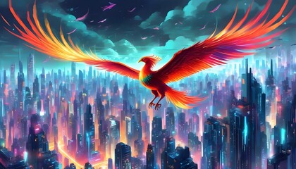 Wall Mural - Illuminated Phoenix Gliding Over a Vibrant Futuristic City Skyline