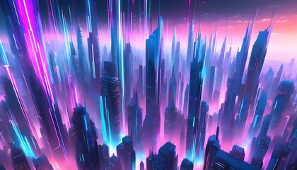 Wall Mural - Futuristic Urban Landscape Featuring Holographic Skyscrapers and a Skyline that Defies Time