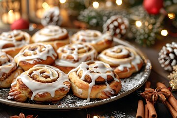 A tray of hot, freshly baked Christmas cinnamon rolls with white icing, on a holiday-themed table