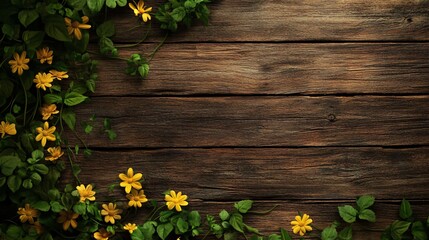 Sticker - Rustic wooden background with green leaves and yellow flowers.