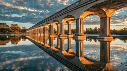 Wall Mural - A stunning architectural bridge reflecting in calm waters under a beautiful sky adorned with colorful clouds at sunset.