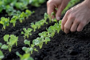 A person tending to young plants in a garden bed, showcasing agricultural care.