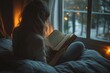 © Solid Tech - Female reading book on bed at night, Generative AI