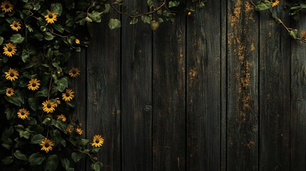 Sticker - Rustic wooden background with yellow flowers and green leaves on the side.