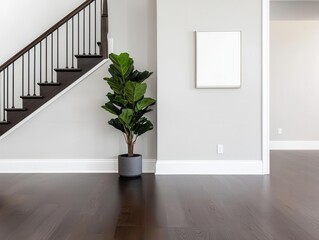 modern open concept living room with white cabinets, grey walls, and dark wood floors black and silv