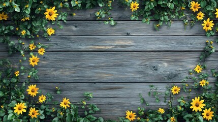 Sticker - Rustic wooden background with yellow flowers.