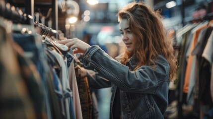 Poster - A woman is shopping for clothes in a store