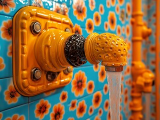 Canvas Print - Water Flowing From A Yellow Faucet Against A Floral Tile Background