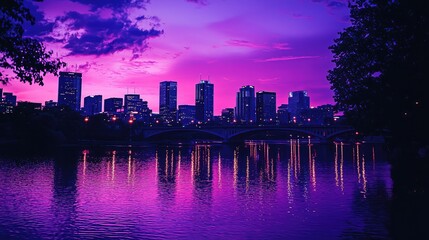 Wall Mural - Breathtaking skyline at twilight, showcasing vibrant purple hues reflecting on water, creating a serene urban landscape.