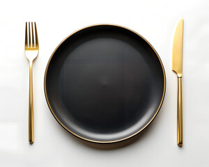 A sleek, black ceramic plate is paired with elegant golden cutlery, creating a modern and luxurious dining setup.