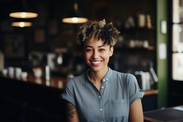 Poster - Cafe owner smile entrepreneur coffee shop.