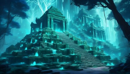 Wall Mural - Enchanting Bioluminescent Carvings Illuminate the Mystical Glow of an Ancient Forest Temple