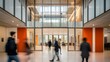 © Francesca - A blurry photograph of people walking in an office building with glass walls and an orange interior design, creating light-filled rooms