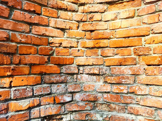 Weathered red bricks in a corner highlight the textures and history of the building, illuminated by natural daylight