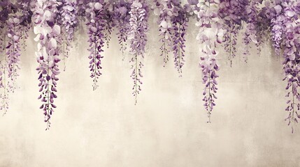 Sticker - Watercolor painting of purple wisteria flowers hanging from a branch against a textured background.