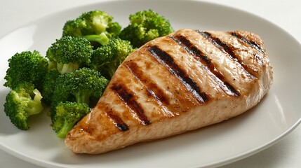 A grilled turkey breast served with a side of steamed broccoli, styled on a clean white plate with a subtle background