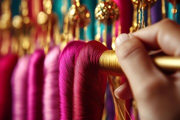 An artisan dying threads for Thai silk weaving, the colorful threads hanging to dry, with vibrant hues of pink, red, and gold creating a stunning visual.