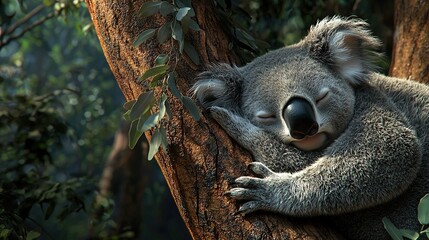 Poster -   A sleeping koala resting its head on a tree branch with closed eyes