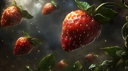 Poster - Close Up of Ripe Strawberries with Green Leaves