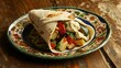 © fivan - A wrap filled with roasted vegetables and low-fat hummus, served on a bright plate against a rustic wooden table