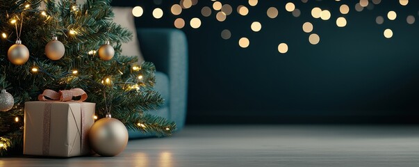 Festive Christmas tree with ornaments and presents in cozy living room setting, warm lights create a magical atmosphere.