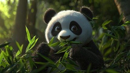 Wall Mural -   A panda bear sits in a green forest, eating a plant with its wide-open eyes