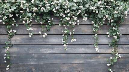 Sticker - White flowers and green leaves on a dark wooden wall.