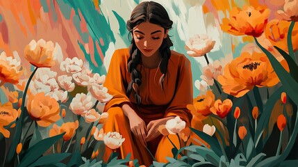 Sticker - Woman in a Garden of Orange Flowers