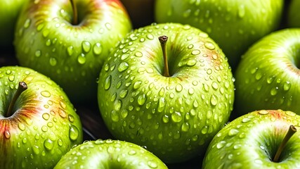 a lot of green ripe apples close-up with water drops