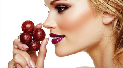 Wall Mural -   A woman holding grapes to her face with one hand and the other near her mouth