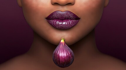 Poster -   Close-up of a woman's face with a purple lipstick and a purple flower placed on her lips