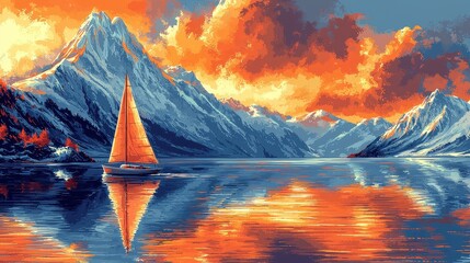 Wall Mural - a vibrant sunset landscape featuring a sailboat on calm waters, surrounded by majestic mountains and