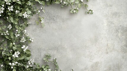 Sticker - White flowers and green leaves on a rough grey wall.