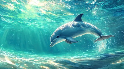 Canvas Print -   A painting of a dolphin swimming in water under sunlight through its background