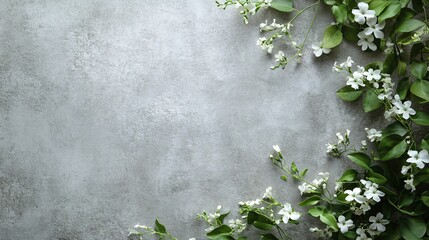 Sticker - White flowers and green leaves on gray textured background.