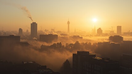 Wall Mural - Stunning urban sunrise with mist enveloping buildings, creating a tranquil atmosphere at dawn in a modern city.