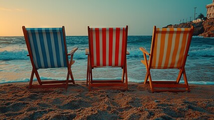 Poster -   A line of seaside chairs rests atop soft sand beside the blue horizon