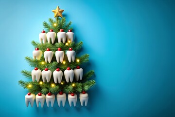 christmas tree made of white teeth ornaments with red tops on pine branches against a blue backgroun