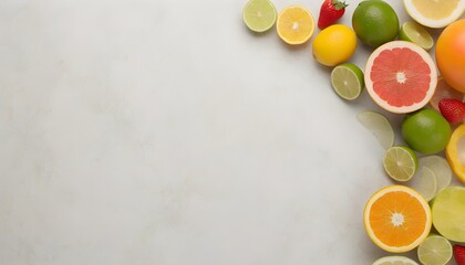 Wall Mural - Colorful assortment of fresh fruits on a white background, featuring grapefruits, lemons, limes, kiwi, and strawberries