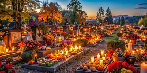 Vibrant All Saints Day Celebrations with Candles, Flowers, and Altars in a Serene Setting