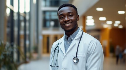 A Black male doctor with short hair, wearing a white coat and stethoscope, smiling confidently in a modern hospital.