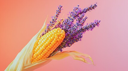 Sticker -   Corn on cob with flowers on pink background