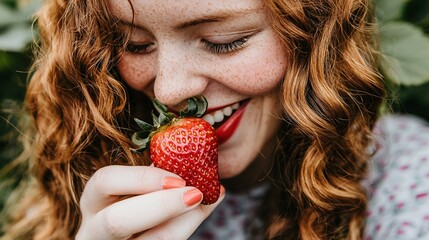 Wall Mural -   A woman with freckles eats a strawberry, biting it and holding it with her right hand