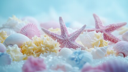 Poster -   A collection of starfish and seashells layered on a blue-pink backdrop