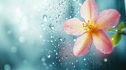 Sticker -   A pink flower atop a rain-covered windowsill with droplets of water